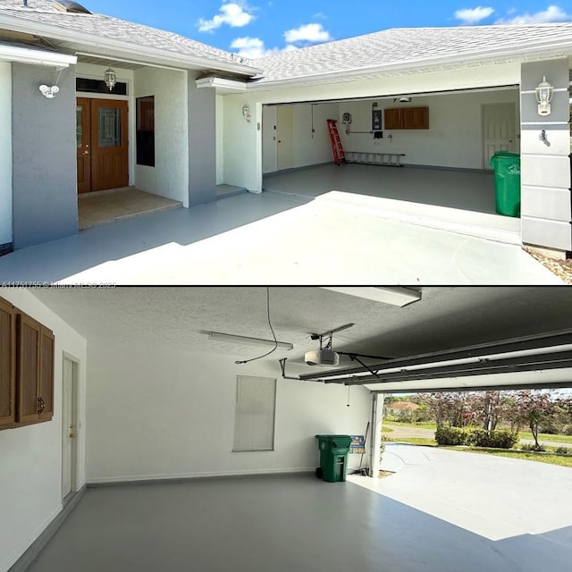 garage with driveway, ceiling fan, and a garage door opener