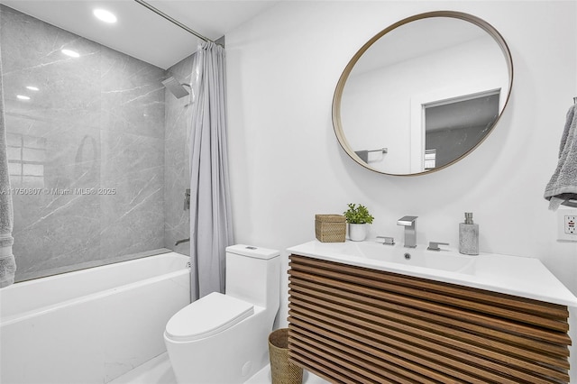 bathroom with shower / tub combo, vanity, toilet, and recessed lighting