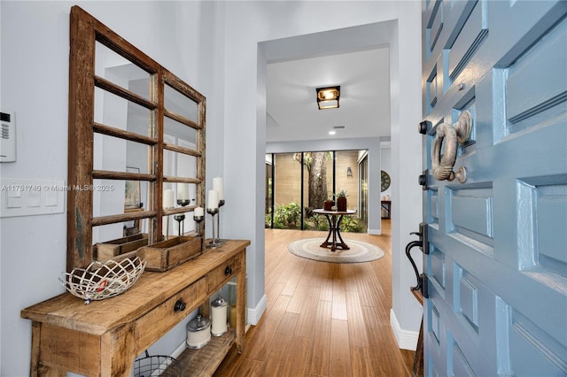 foyer entrance featuring baseboards and dark wood-style flooring