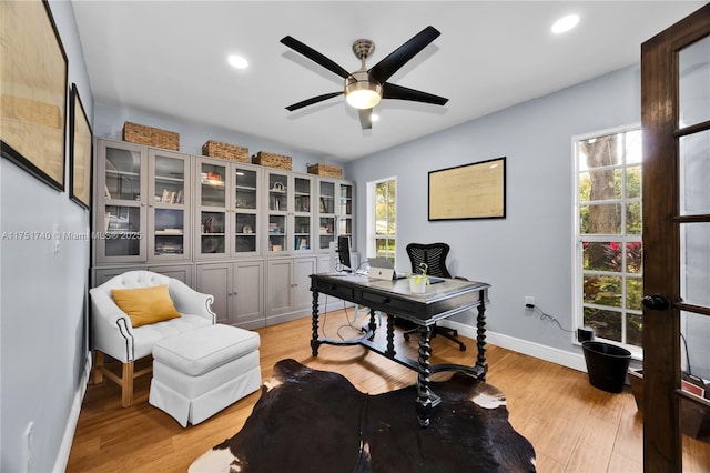 office featuring baseboards, a healthy amount of sunlight, and light wood finished floors