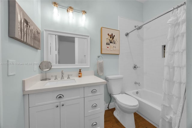 full bath with toilet, shower / bathtub combination with curtain, wood finished floors, and vanity