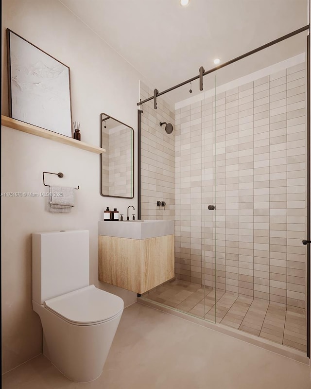 full bathroom with toilet, a shower stall, and vanity