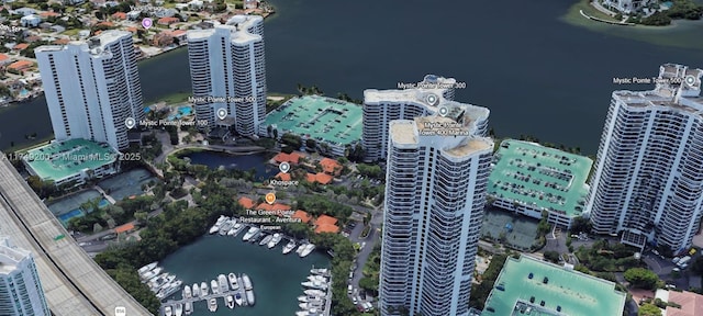 drone / aerial view featuring a water view and a city view