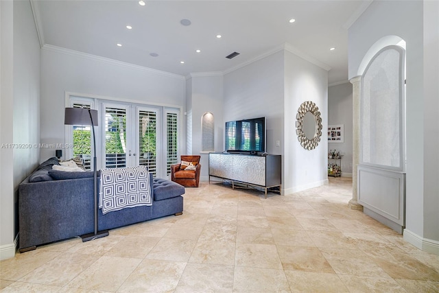 16721 SW 86th Ct, Palmetto Bay, FL 33157 - living area with ornamental molding, recessed lighting, baseboards, french doors, and a towering ceiling