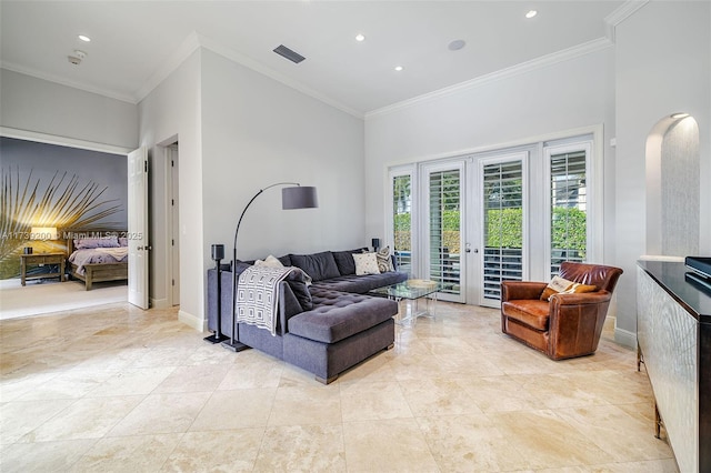 16721 SW 86th Ct, Palmetto Bay, FL 33157 - living area with crown molding, french doors, recessed lighting, baseboards, and a towering ceiling