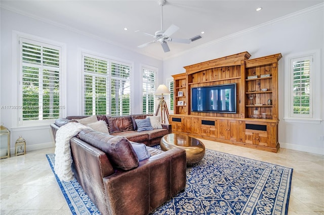 16721 SW 86th Ct, Palmetto Bay, FL 33157 - tiled living area featuring crown molding, healthy amount of natural light, baseboards, ceiling fan, and recessed lighting