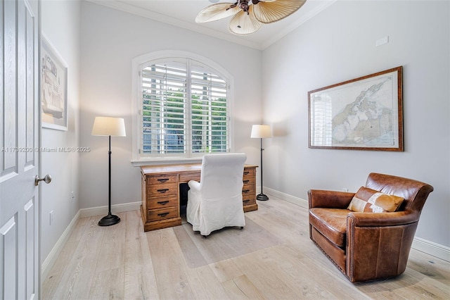 16721 SW 86th Ct, Palmetto Bay, FL 33157 - office area with crown molding, light wood-type flooring, ceiling fan, and baseboards