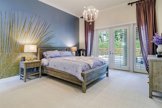 16721 SW 86th Ct, Palmetto Bay, FL 33157 - bedroom featuring light colored carpet, access to exterior, crown molding, and a chandelier