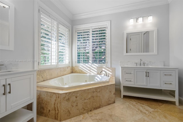 16721 SW 86th Ct, Palmetto Bay, FL 33157 - full bathroom featuring vanity, ornamental molding, a tub with jets, and tile patterned flooring