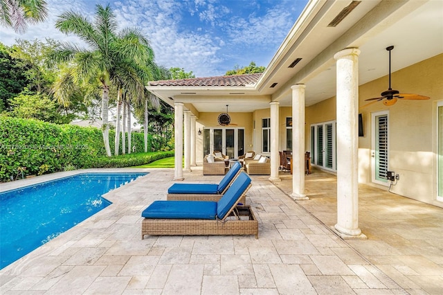 16721 SW 86th Ct, Palmetto Bay, FL 33157 - view of swimming pool featuring an outdoor living space, ceiling fan, and a patio area