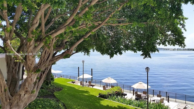 property view of water featuring a boat dock and fence