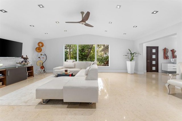 living area with recessed lighting, baseboards, and lofted ceiling