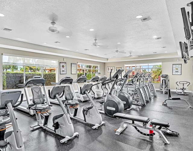 workout area featuring a healthy amount of sunlight, visible vents, and a textured ceiling