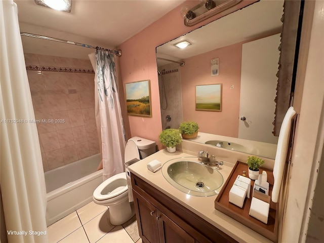 bathroom with tile patterned flooring, shower / tub combo with curtain, vanity, and toilet