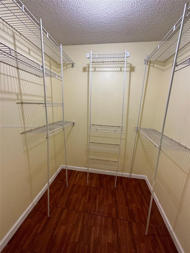 walk in closet with dark wood-type flooring