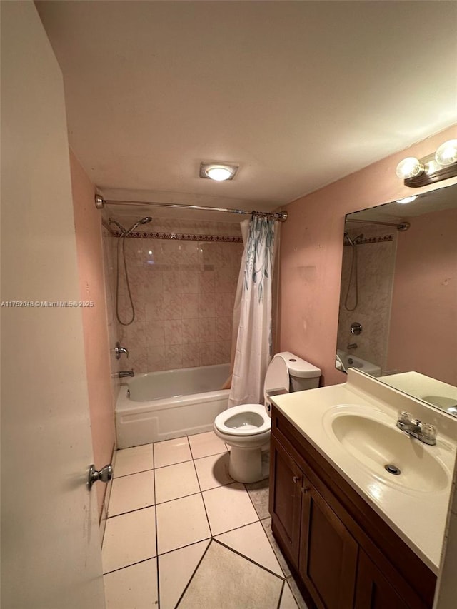 bathroom with toilet, shower / bathtub combination with curtain, tile patterned flooring, and vanity