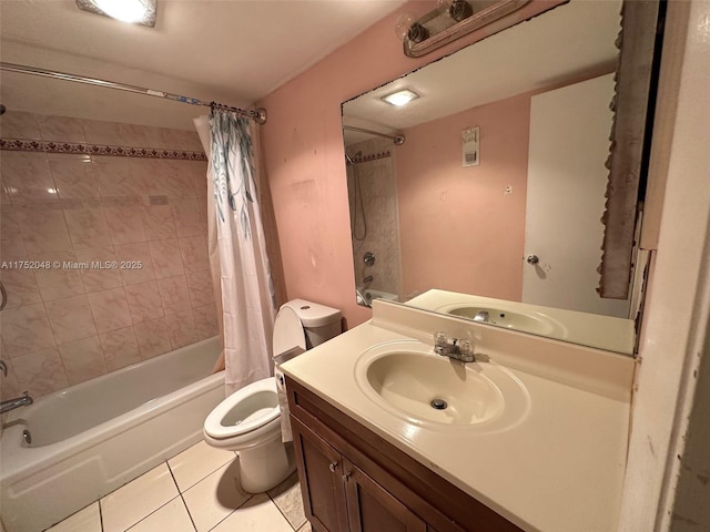 full bath with shower / bathtub combination with curtain, vanity, toilet, and tile patterned floors