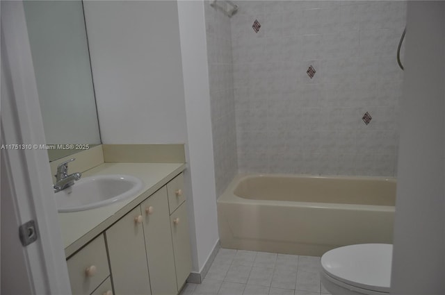 full bath with tile patterned flooring, shower / bath combination, vanity, and toilet