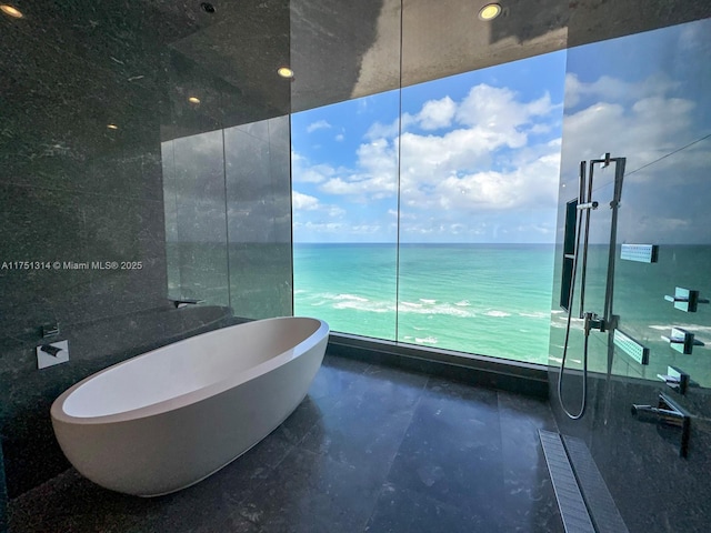 bathroom with a freestanding bath and walk in shower