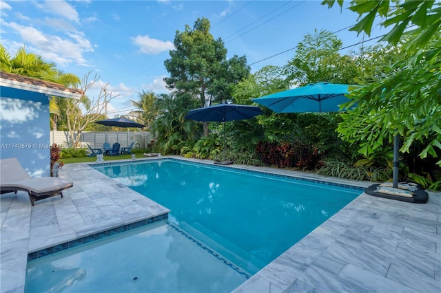 view of swimming pool featuring a fenced in pool, a fenced backyard, and a patio