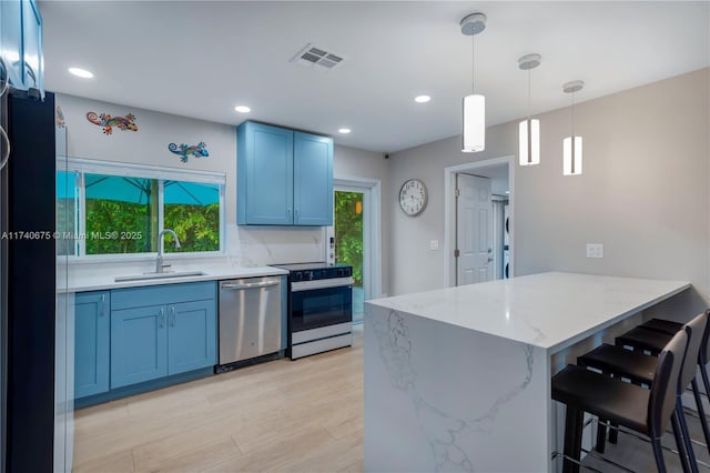 kitchen with visible vents, a kitchen breakfast bar, a peninsula, stainless steel appliances, and a sink