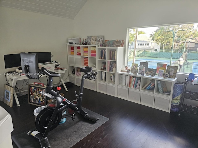 workout area with vaulted ceiling and dark wood finished floors