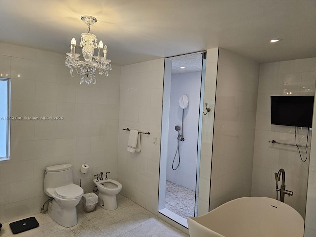 full bath featuring tile walls, recessed lighting, toilet, a bidet, and walk in shower