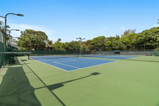 view of tennis court featuring fence