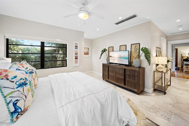 bedroom with crown molding, recessed lighting, visible vents, ceiling fan, and baseboards