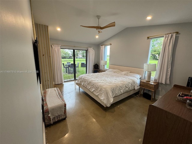 bedroom featuring access to exterior, lofted ceiling, multiple windows, and ceiling fan