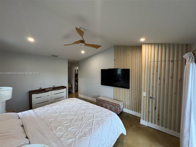 carpeted bedroom featuring baseboards, visible vents, a ceiling fan, lofted ceiling, and recessed lighting