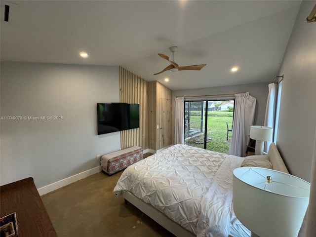 carpeted bedroom with lofted ceiling, recessed lighting, a ceiling fan, access to outside, and baseboards