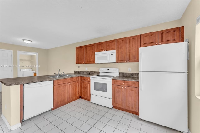 kitchen with brown cabinets, dark countertops, a sink, white appliances, and a peninsula