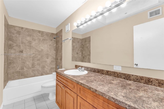 bathroom featuring shower / bath combination, visible vents, toilet, tile patterned floors, and vanity