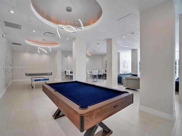 playroom featuring tile patterned floors, billiards, visible vents, and a raised ceiling