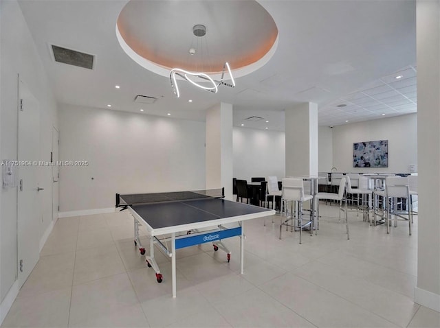 rec room with tile patterned flooring, recessed lighting, baseboards, and visible vents