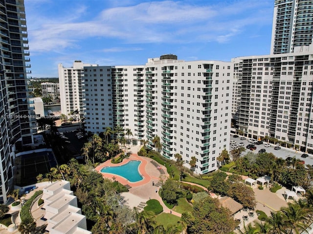 view of building exterior with a city view