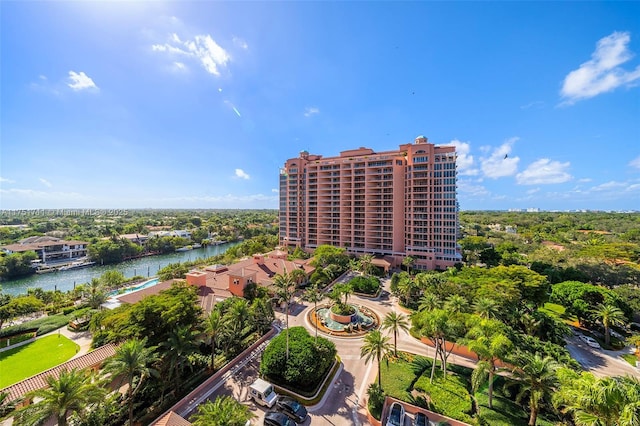 aerial view featuring a water view