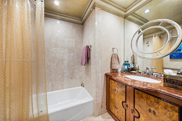 bathroom with tile patterned floors, shower / bath combo with shower curtain, vanity, and crown molding