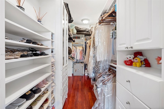 spacious closet with dark wood finished floors