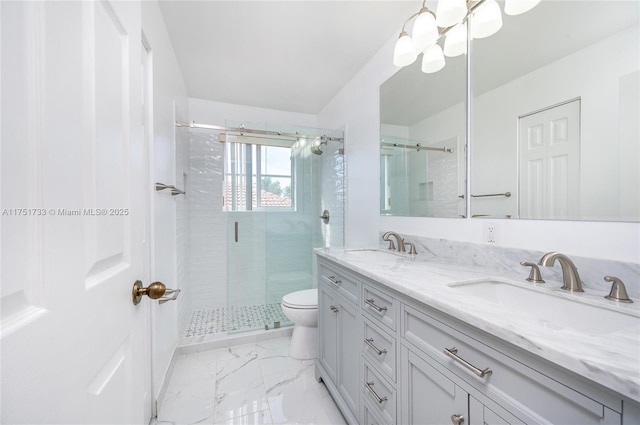 bathroom with a shower stall, double vanity, a sink, and toilet
