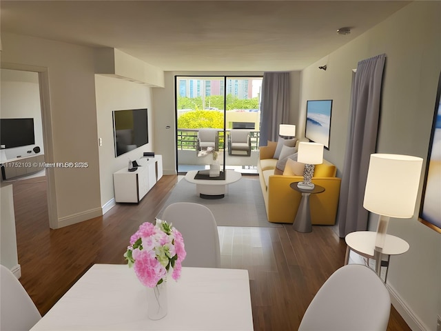 living room with dark wood-style floors, expansive windows, and baseboards