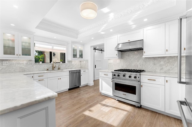 kitchen featuring a barn door, white cabinets, a raised ceiling, wall chimney exhaust hood, and stainless steel appliances