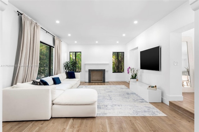 living area featuring light wood finished floors, recessed lighting, and a healthy amount of sunlight