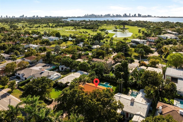 aerial view featuring a water view and a residential view