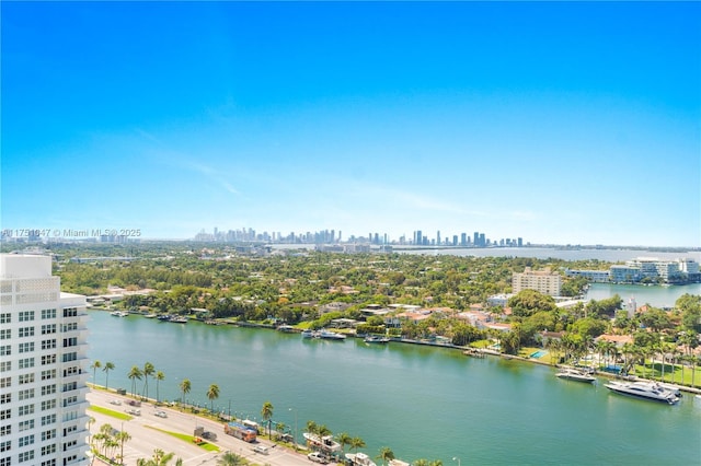 aerial view with a water view and a view of city