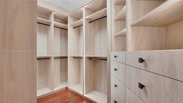 walk in closet with wood finished floors