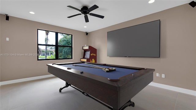 recreation room featuring pool table, recessed lighting, a ceiling fan, and baseboards