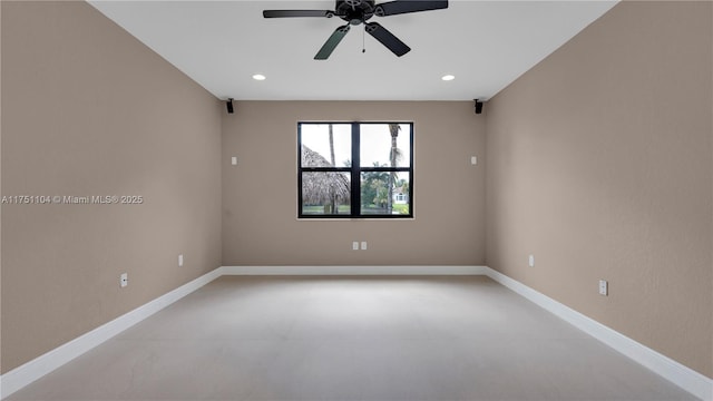 spare room with baseboards, a ceiling fan, and recessed lighting