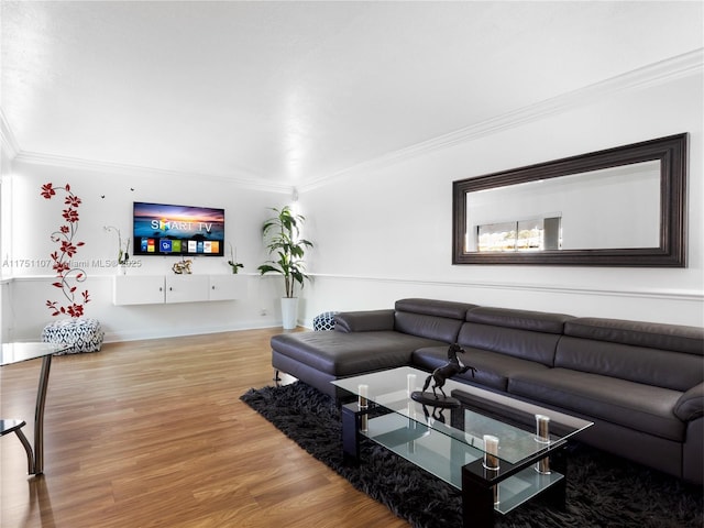 living area featuring ornamental molding and wood finished floors